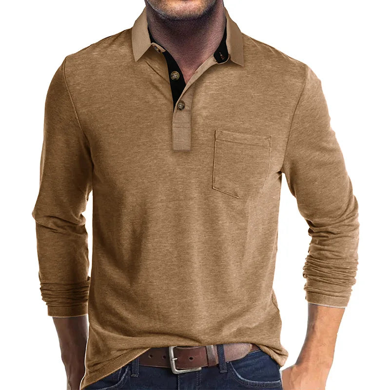 Men's Knit Long Sleeve Polo Shirt Pullover Top