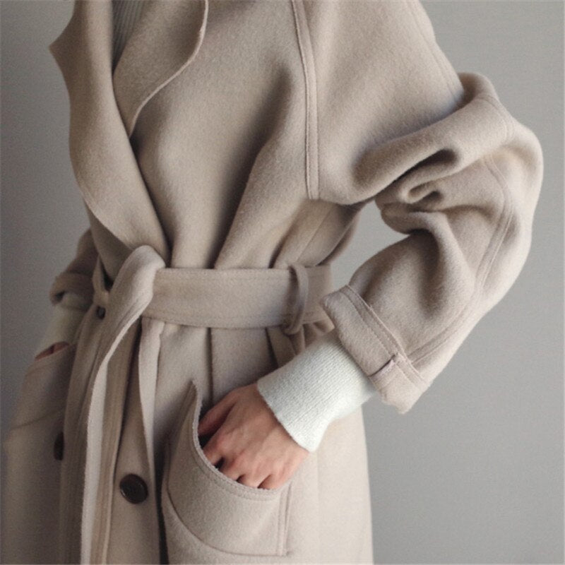 Women Wool Overcoat Long Trench Coat With Belt