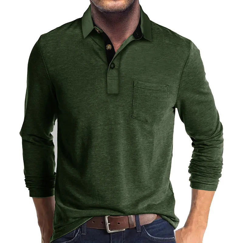 Men's Knit Long Sleeve Polo Shirt Pullover Top