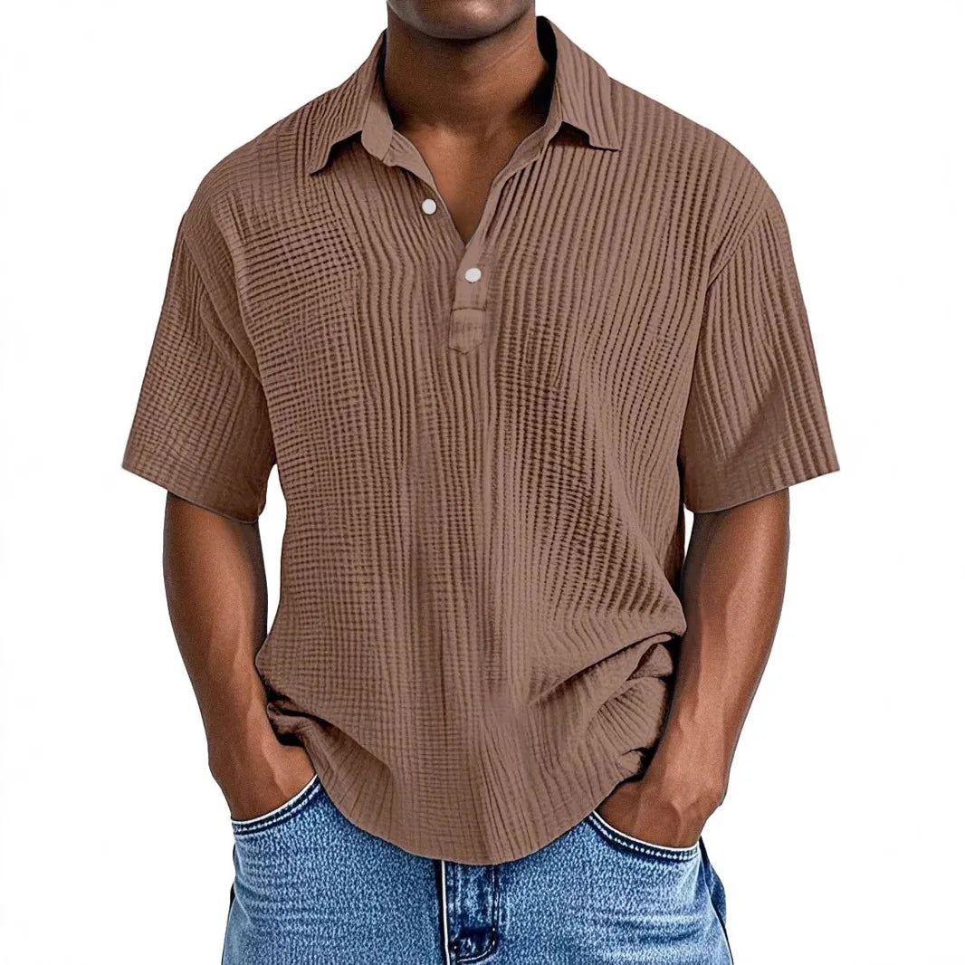 Men's Ribbed Knit Polo Shirt Short Sleeve Casual Top