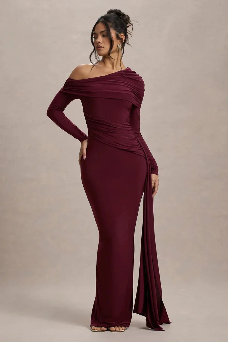 Women Knit Blend Off Shoulder Ruched Asymmetric Evening Maxi Dress