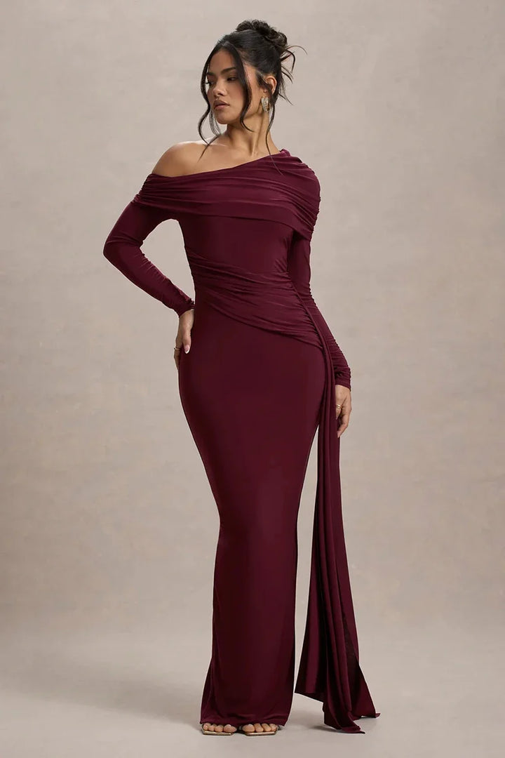 Women Knit Blend Off Shoulder Ruched Asymmetric Evening Maxi Dress
