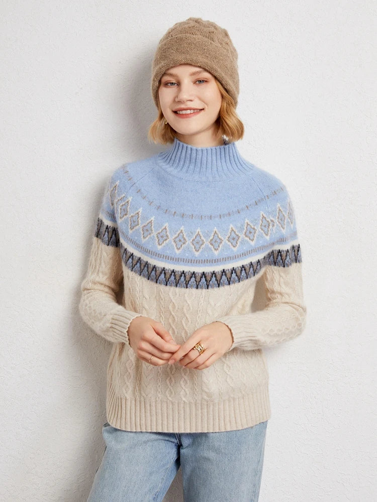 Women's Wool Knit Mock Neck Fair Isle Sweater