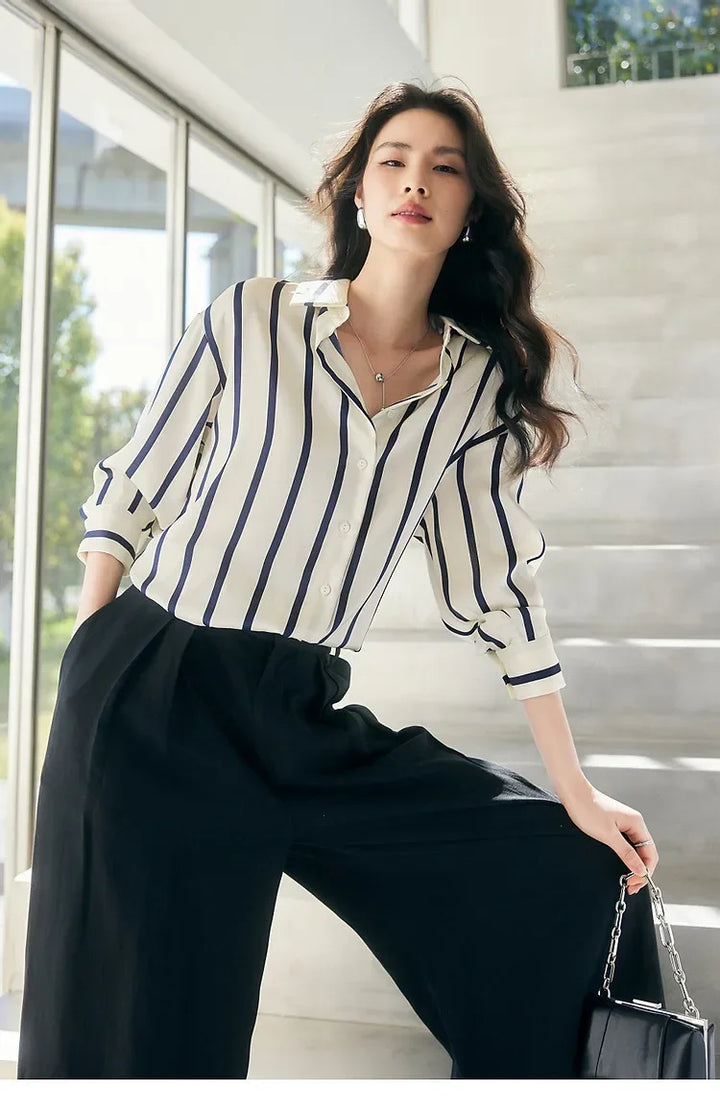 Women's Striped Long Sleeve Linen Shirt Button Up Blouse Tops