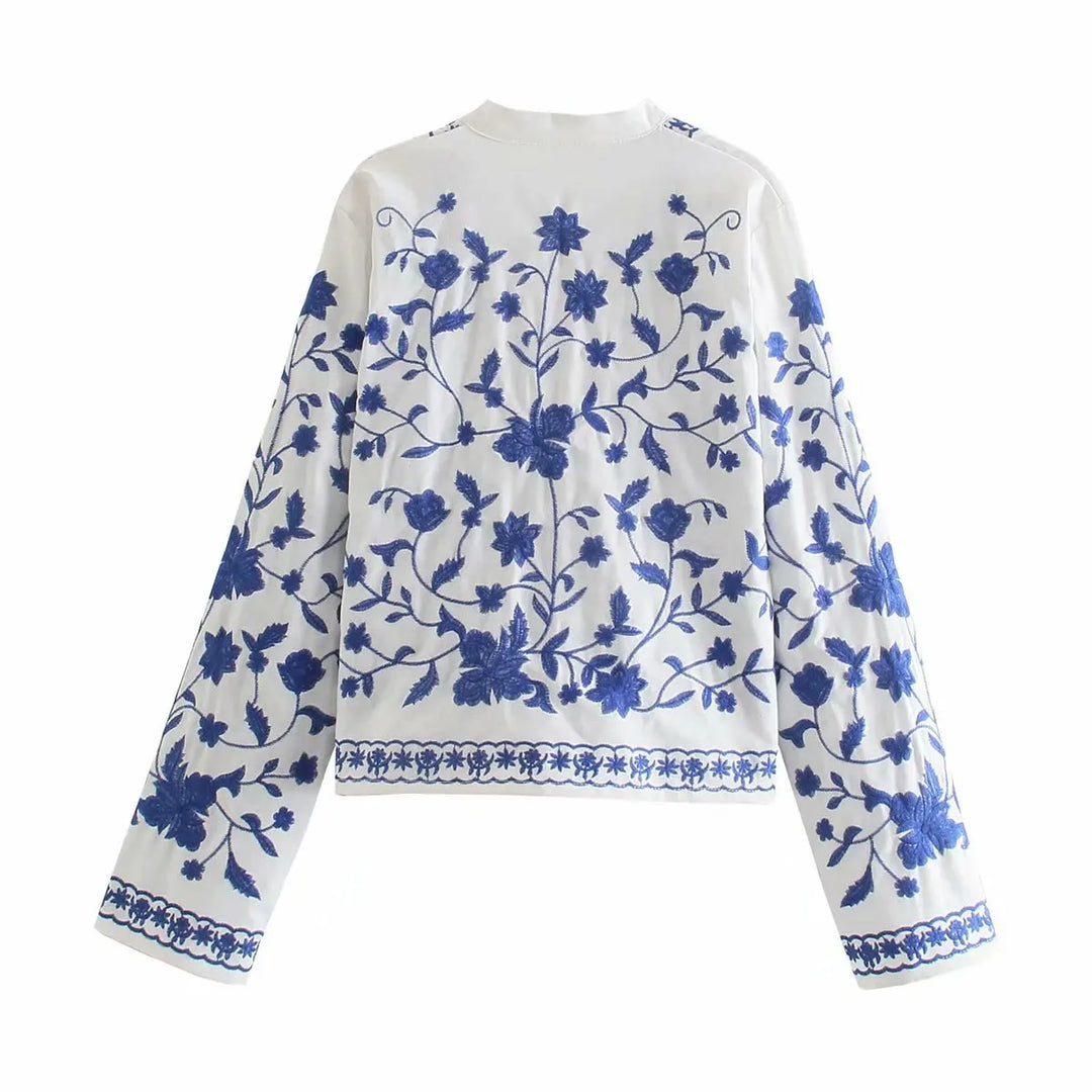 Veste cardigan pour femme en mélange de denim, ornée de broderies florales