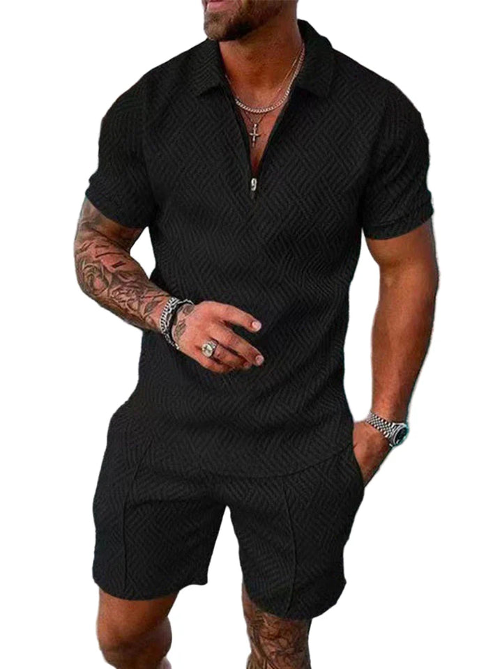 Men's Knit Quarter-Zip Polo Shirt and Shorts Two-Piece Set