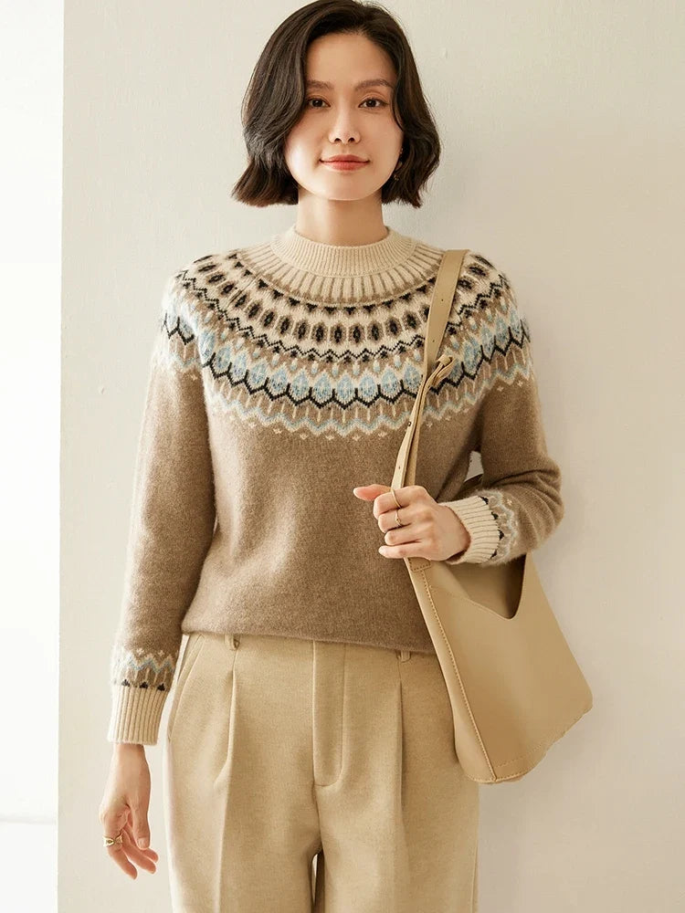 Women's Wool Knit Sweater Pullover Crewneck Fair Isle Knitwear