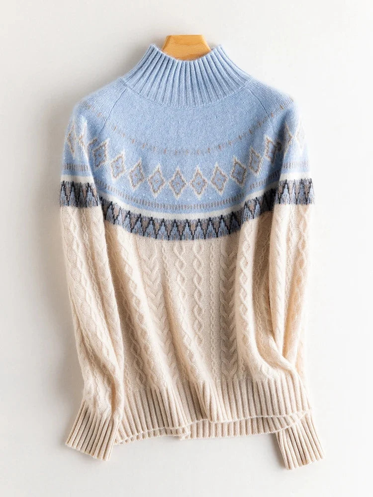 Women's Wool Knit Mock Neck Fair Isle Sweater