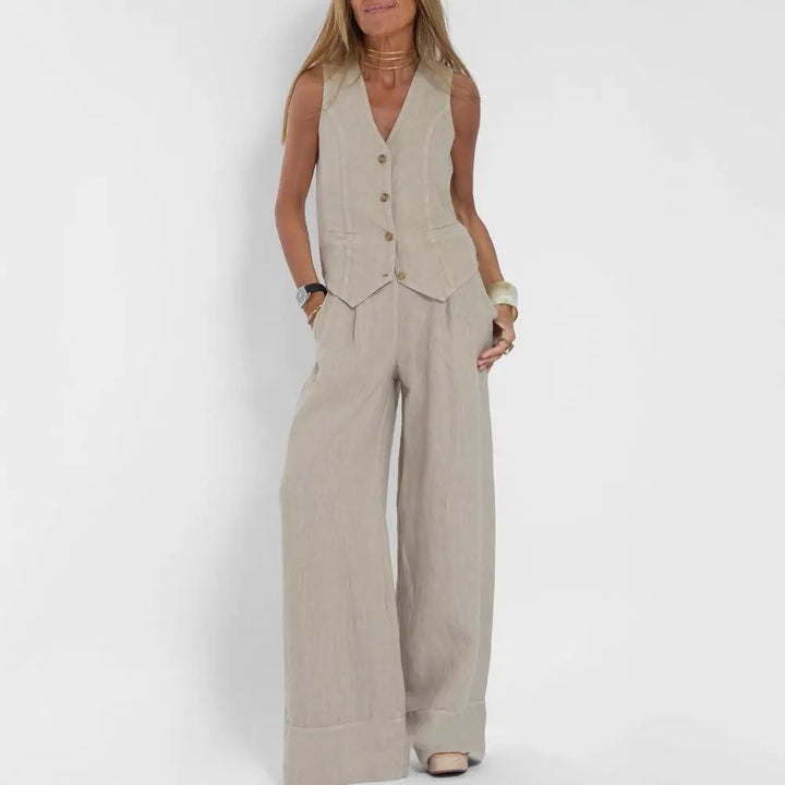 Women's Linen Waistcoat & Wide Leg Trousers Two-Piece Set