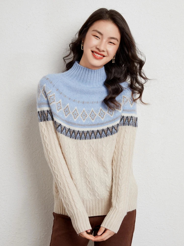 Women's Wool Knit Mock Neck Fair Isle Sweater