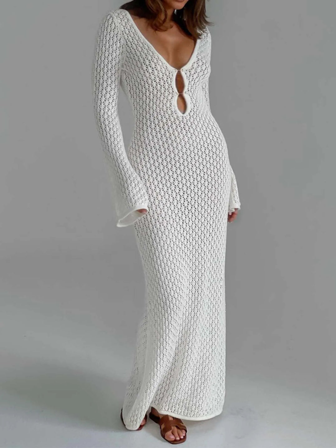 Women’s Knit Crochet Flare Sleeve Maxi Dress Beach Cover Up
