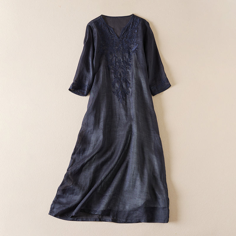Robe midi imprimée en lin à col en V pour femme