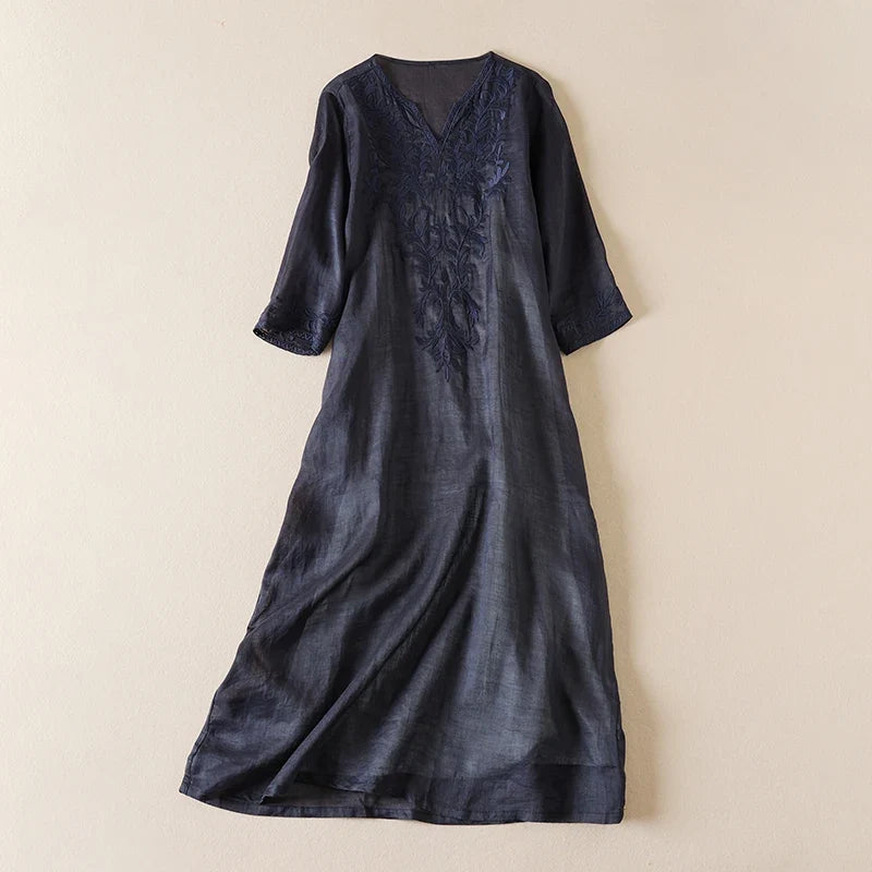 Robe midi imprimée en lin à col en V pour femme