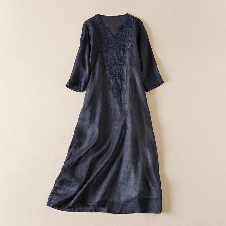 Robe midi imprimée en lin à col en V pour femme