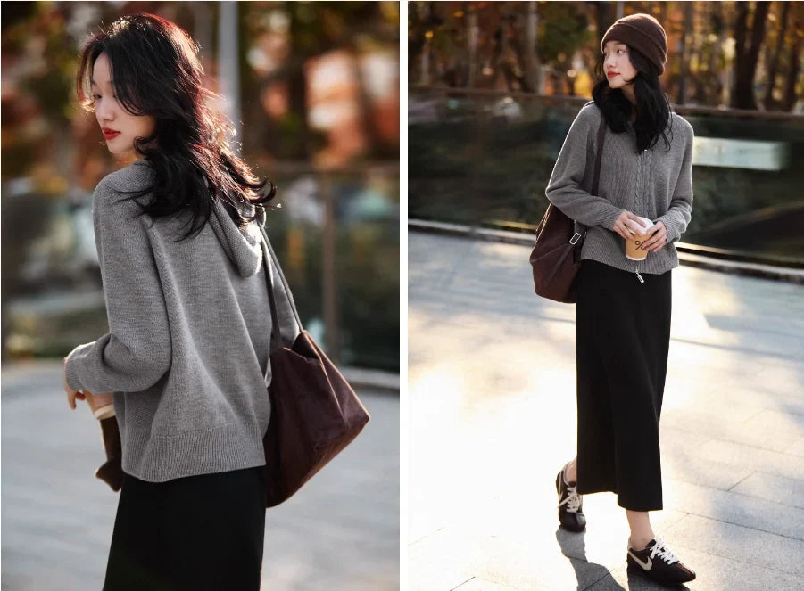 Women's Knit Hoodie Pullover Zip Up Jumper Sweatshirt
