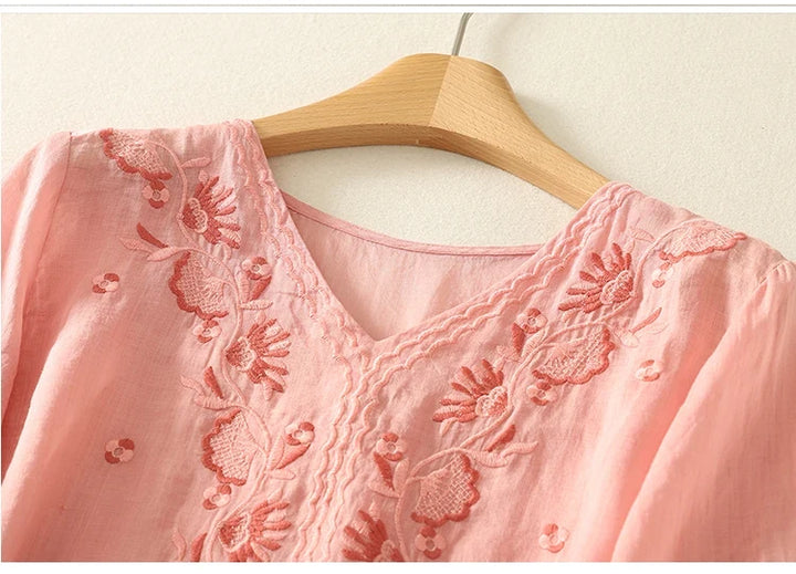 Women's Linen Embroidered Blouse V-Neck Casual Short Sleeve Top