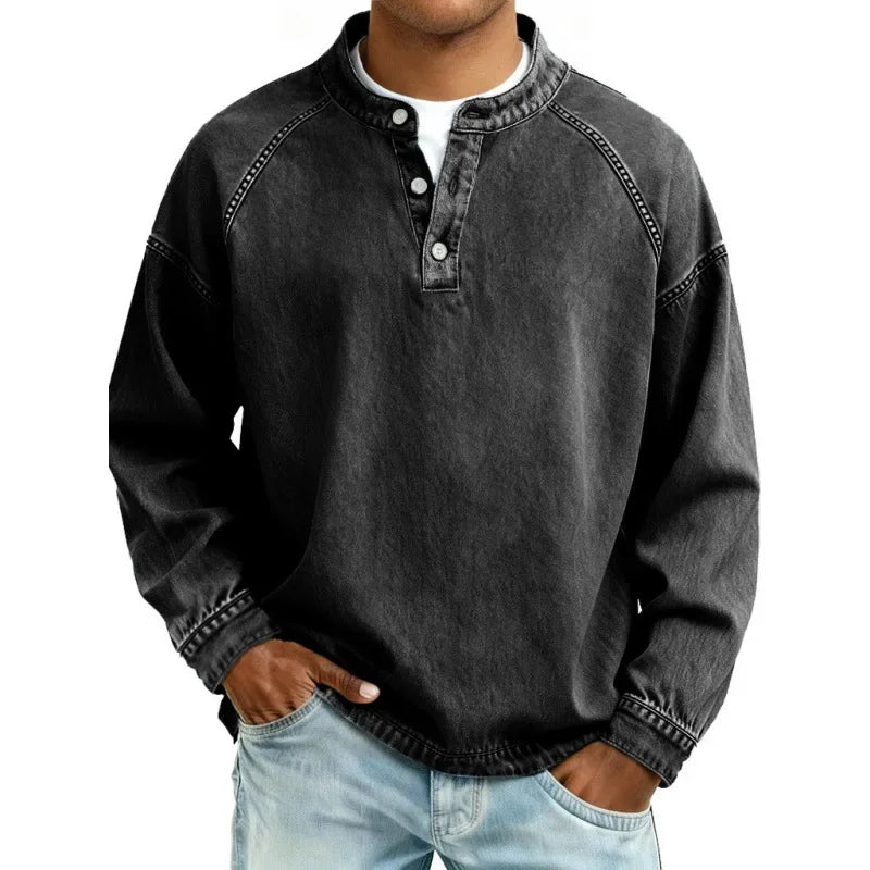 Men’s Denim Henley Collarless Long-Sleeve Shirt