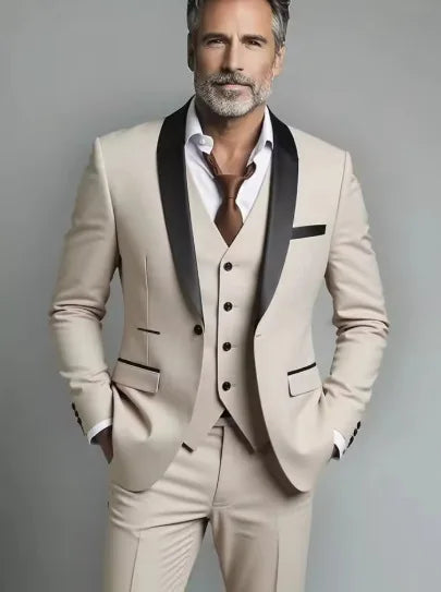 Men's Wool Shawl Lapel 3 Piece Tuxedo Suit Wedding Formal Slim Fit