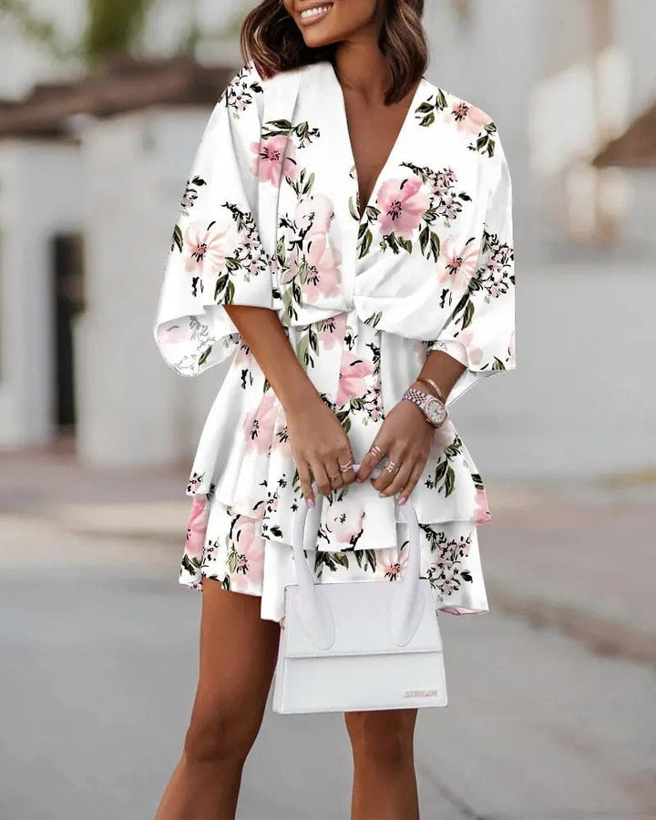 Women's Floral Chiffon Mini Dress V-Neck Ruffle Sun Dress