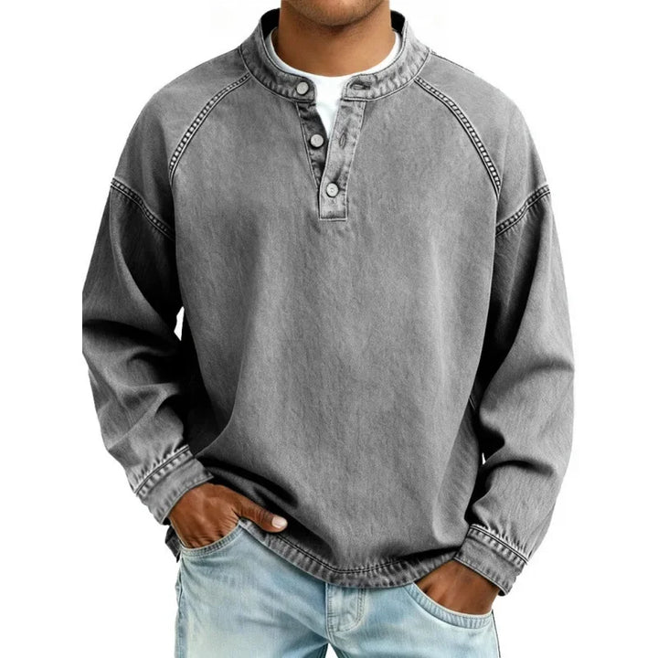 Men’s Denim Henley Collarless Long-Sleeve Shirt
