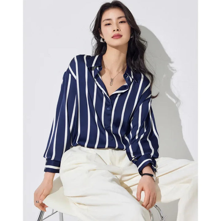 Women's Striped Long Sleeve Linen Shirt Button Up Blouse Tops