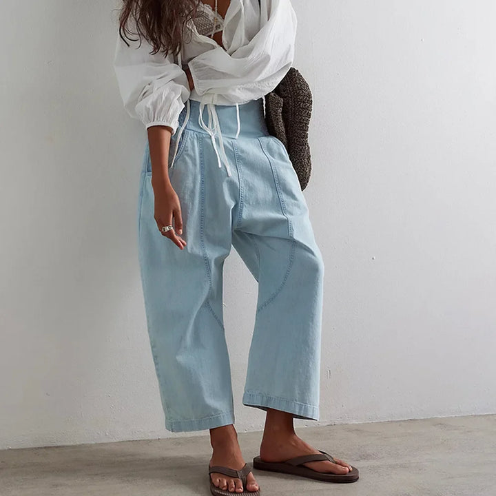 Women's Denim Wide Leg Trousers Cropped Pants
