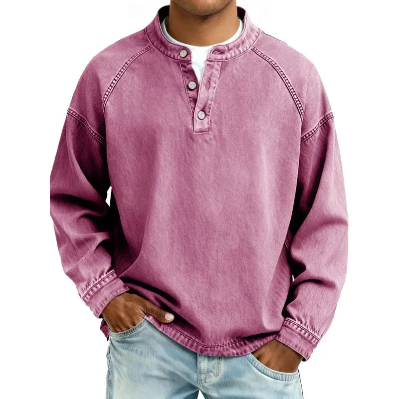 Men’s Denim Henley Collarless Long-Sleeve Shirt