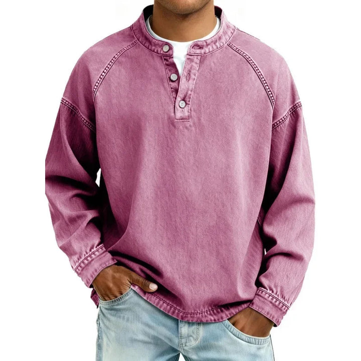 Men’s Denim Henley Collarless Long-Sleeve Shirt