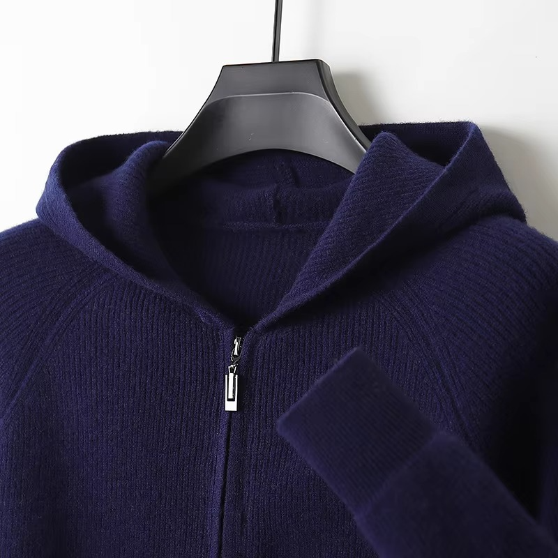 Męska bluza z kapturem, w pełni rozpinana, z dzianiny z wełny merino, typu sweter kurtka
