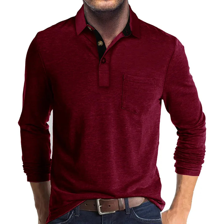 Men's Knit Long Sleeve Polo Shirt Pullover Top