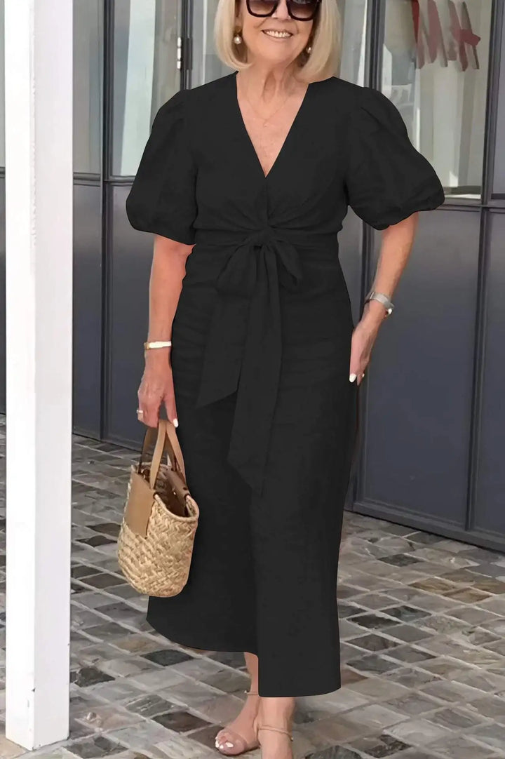 Women's Linen Wrap Midi Dress Short Puff Sleeve V Neck Tie