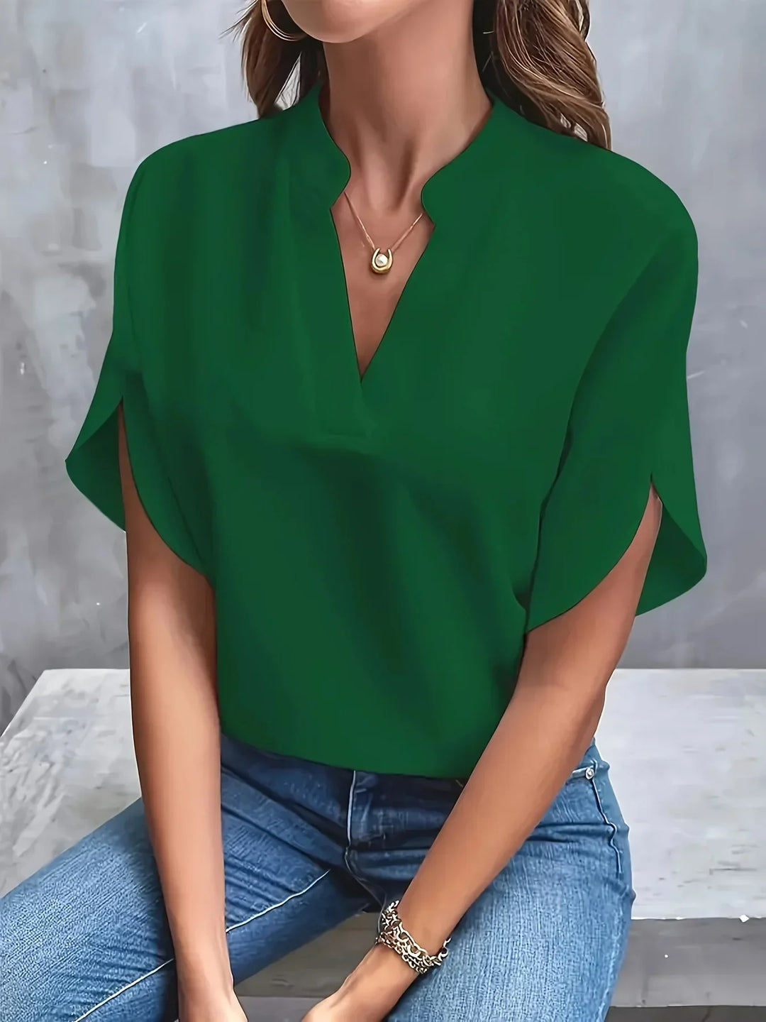 V-Neck Chiffon Women's Blouse with Short Petal Sleeves