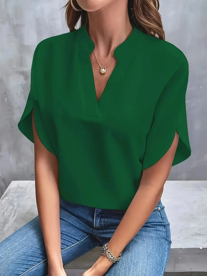 V-Neck Chiffon Women's Blouse with Short Petal Sleeves