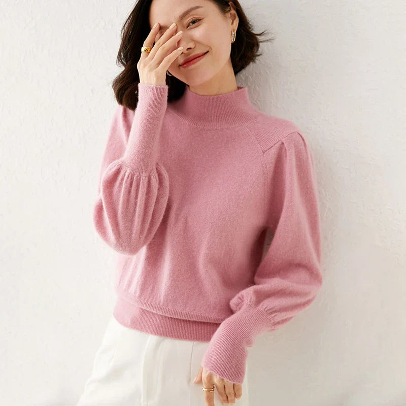 Women's Merino Wool Mock Neck Long Sleeve Knit Pullover Jumper