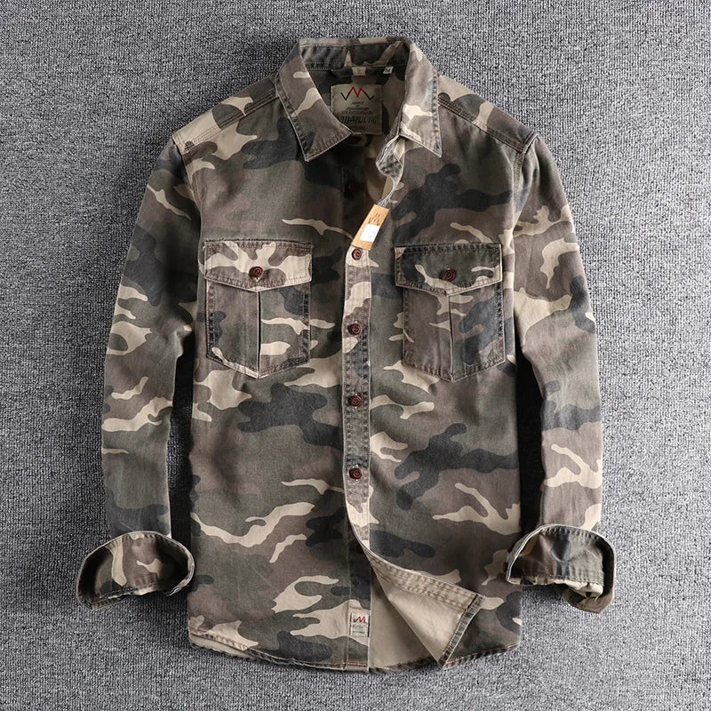 Men's Camo Overshirt Military Casual Long Sleeve Cargo Jacket