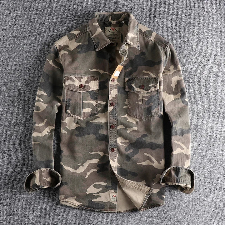 Men's Camo Overshirt Military Casual Long Sleeve Cargo Jacket