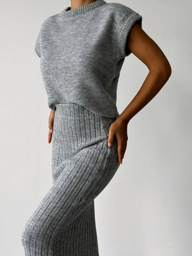 Women Knit Midi Skirt and Short Sleeve Top Two- Piece Set