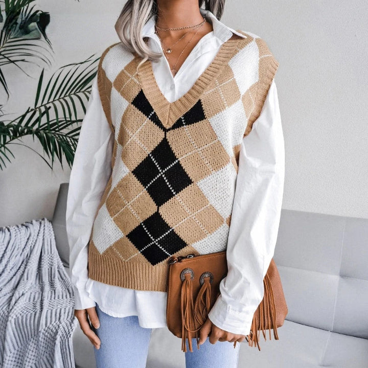 Women's Houndstooth Knit Sweater Vest V-Neck Sleeveless Pullover