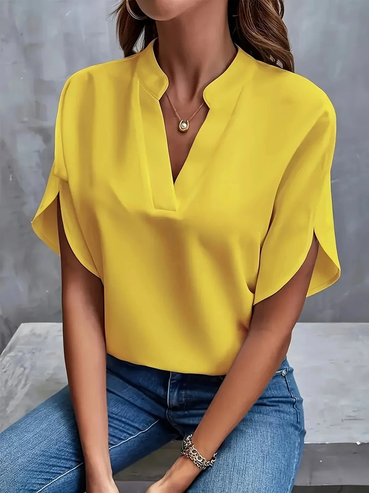 V-Neck Chiffon Women's Blouse with Short Petal Sleeves