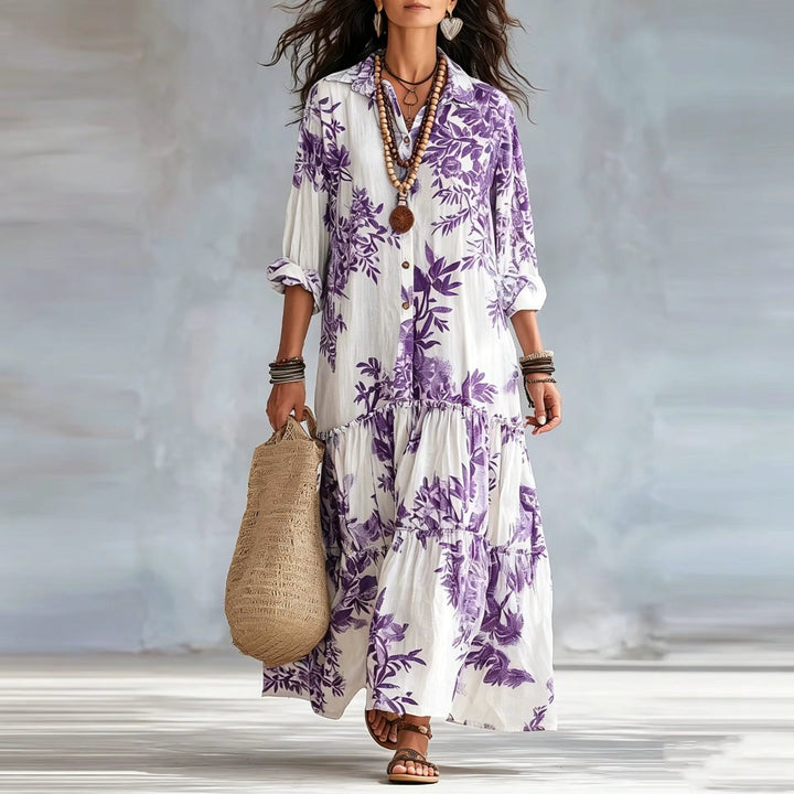 Women's Linen Floral Long Sleeve Shirt Boho Tiered Maxi Dress 