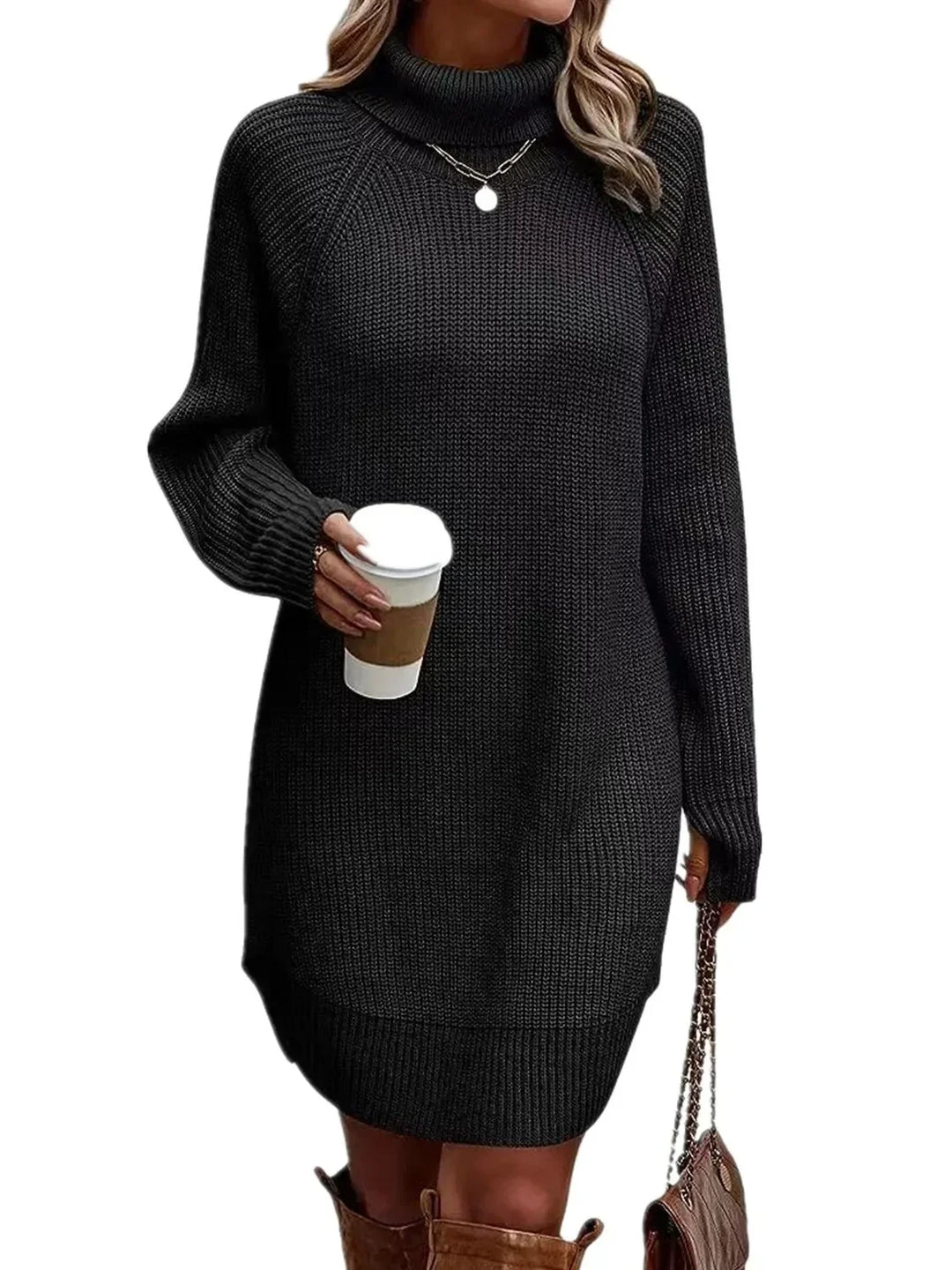 Women’s Ribbed Knit Turtleneck Long-Sleeve Mini Sweater Dress