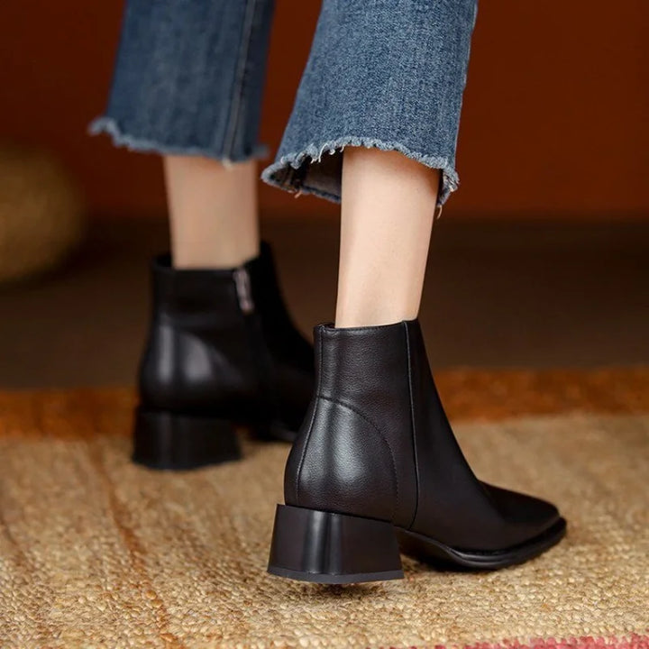 Women's Leather Block Heel Almond Toe Dress Ankle Boots