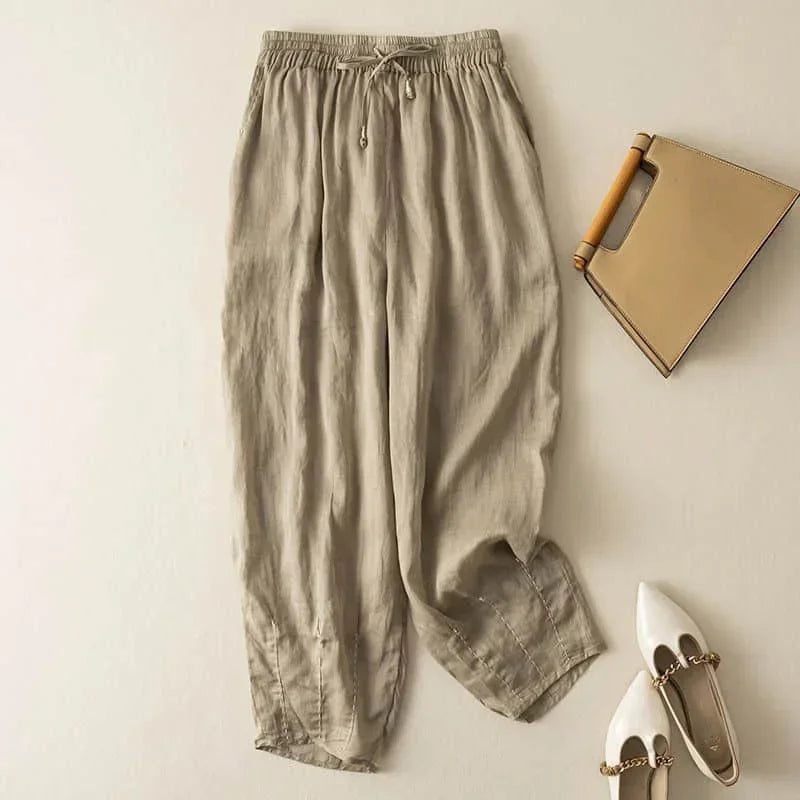 Pantalon en lin pour femme, coupe ample, jambe large, avec cordon de serrage