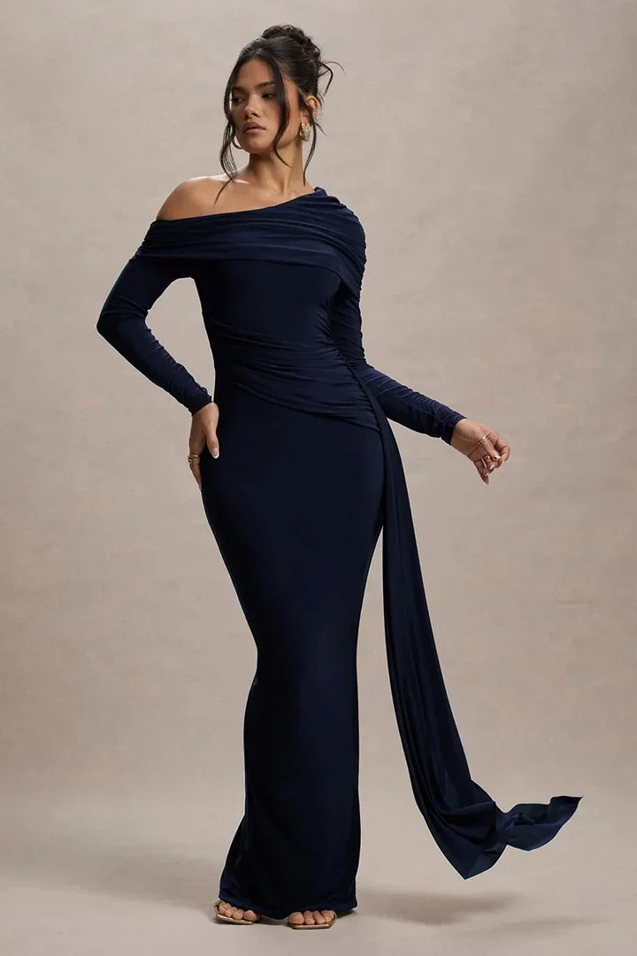 Women Knit Blend Off Shoulder Ruched Asymmetric Evening Maxi Dress
