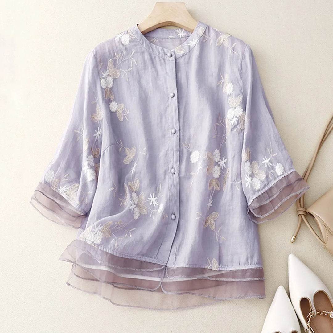 Women's Floral Embroidered Linen Blend Blouse Shirt Top