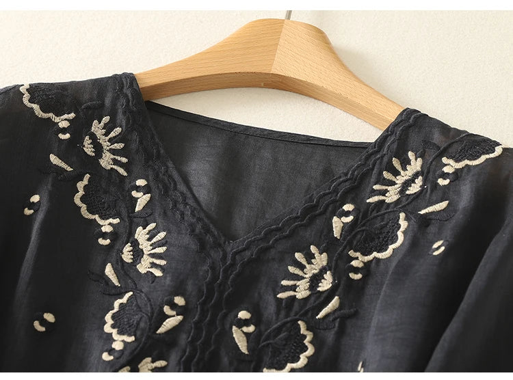 Women's Linen Embroidered Blouse V-Neck Casual Short Sleeve Top