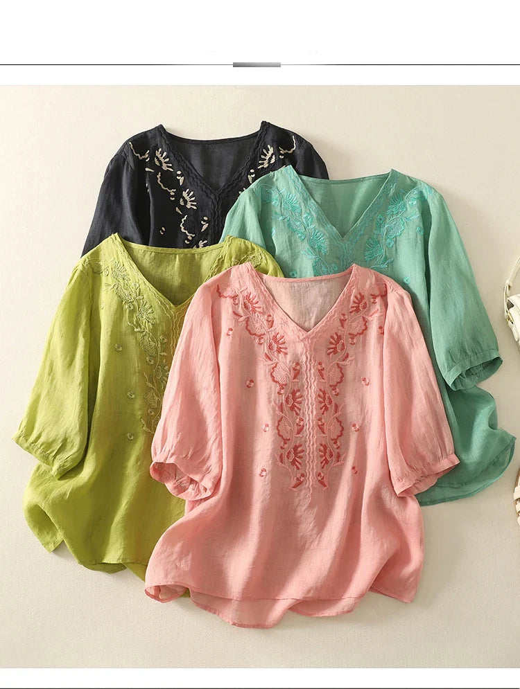 Women's Linen Embroidered Blouse V-Neck Casual Short Sleeve Top