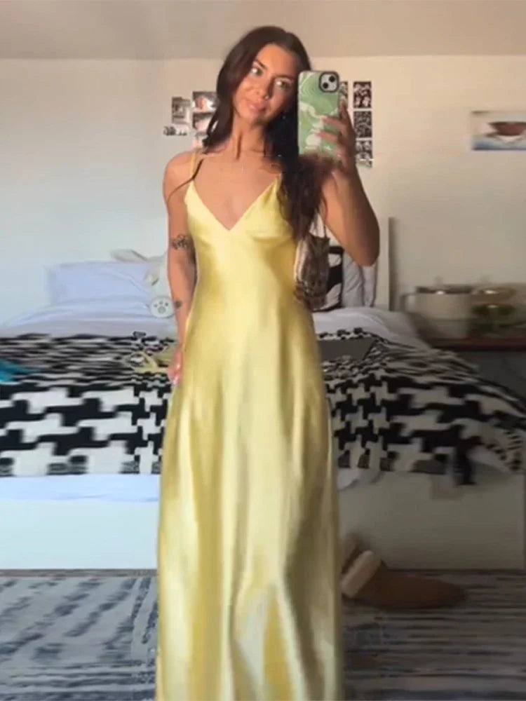 Women's Satin Cowl-Neck Strappy Maxi Dress