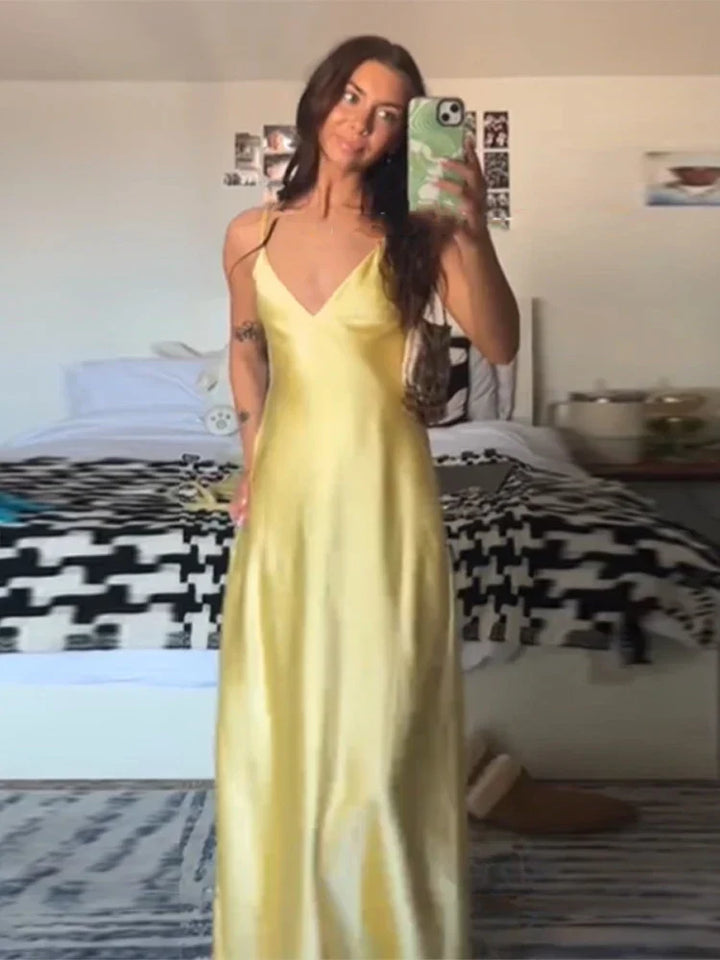 Women's Satin Cowl-Neck Strappy Maxi Dress