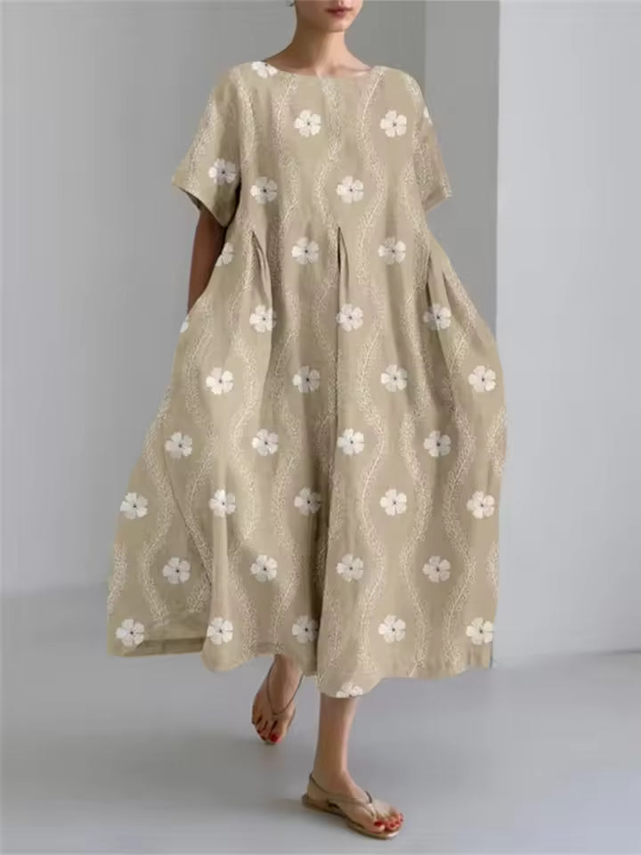 Women's Loose Linen Maxi Dress Short Sleeve Oversized Kaftan
